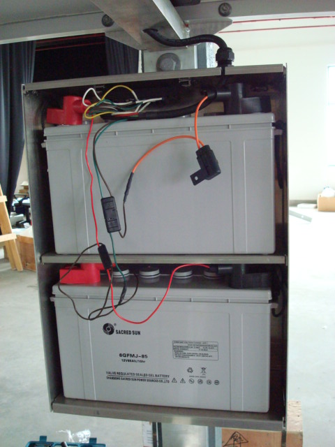 Gel batteries in aluminum box with wiring